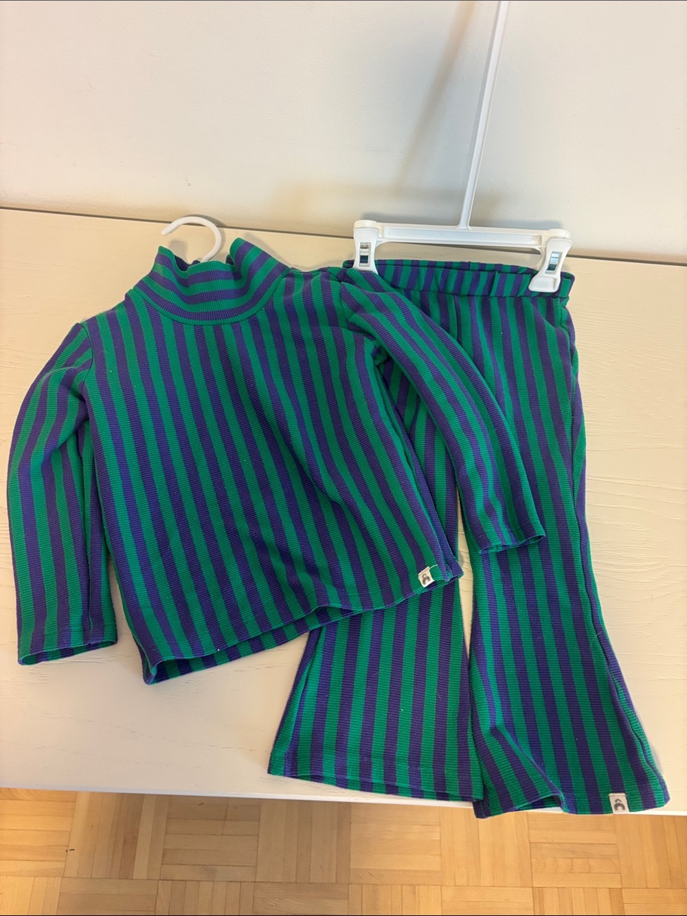Striped Knit Top and Flared Pants Set - Green & Purple